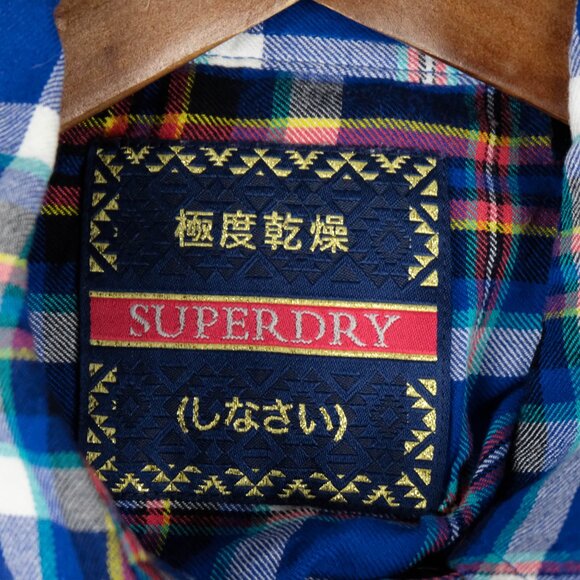 Super Dry Shirt Womens 12 Blue Red Plaid Button Up Long Sleeve Colorful - Picture 7 of 10